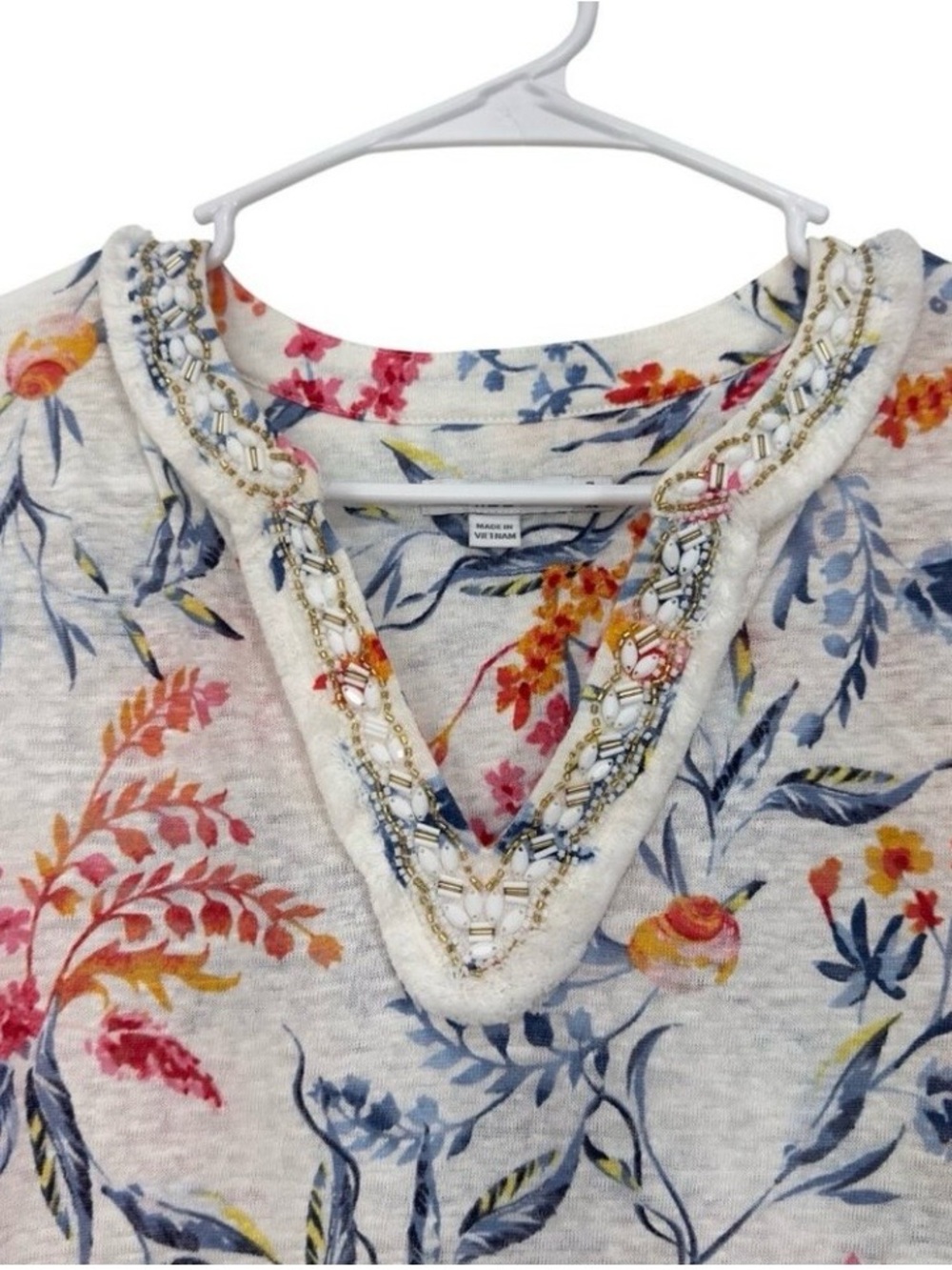 Chicos SZ 3 US XL Womens Nautical Floral Linen Tunic Top With Embellished Collar - Picture 4 of 8